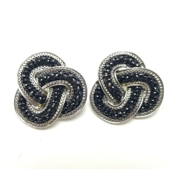 Vintage Black and Silver Tone Knot Design Clip On Earrings,  Retro Estate - Picture 5 of 6